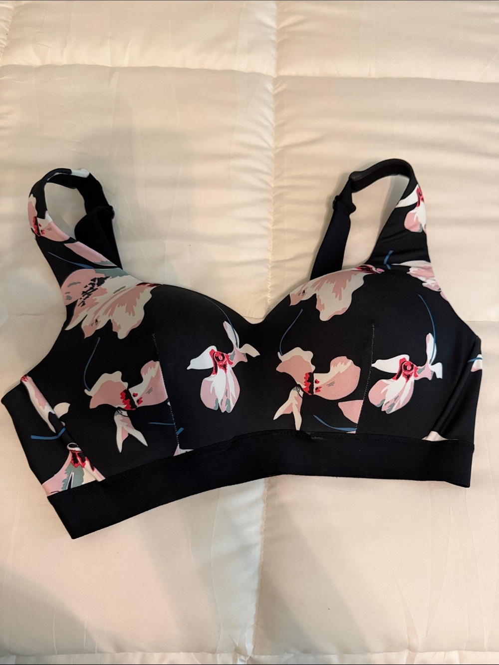 Floral-Print Black & Pink Wireless Sports Comfort Bra